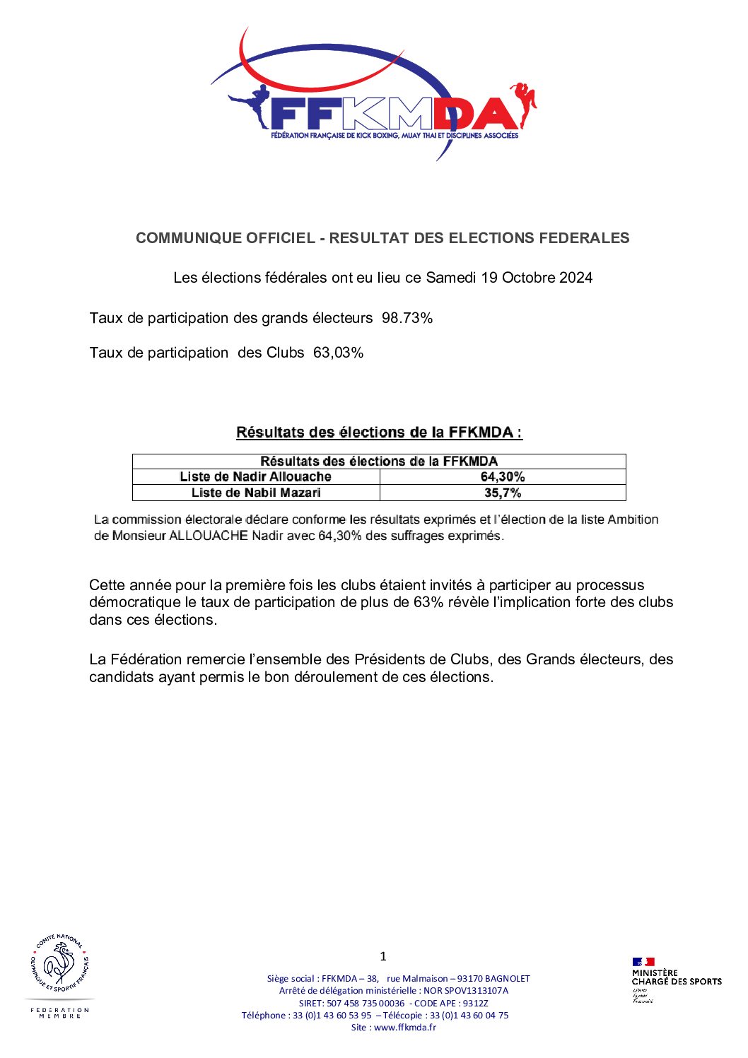 RESULTATS DES ELECTIONS FEDERALES