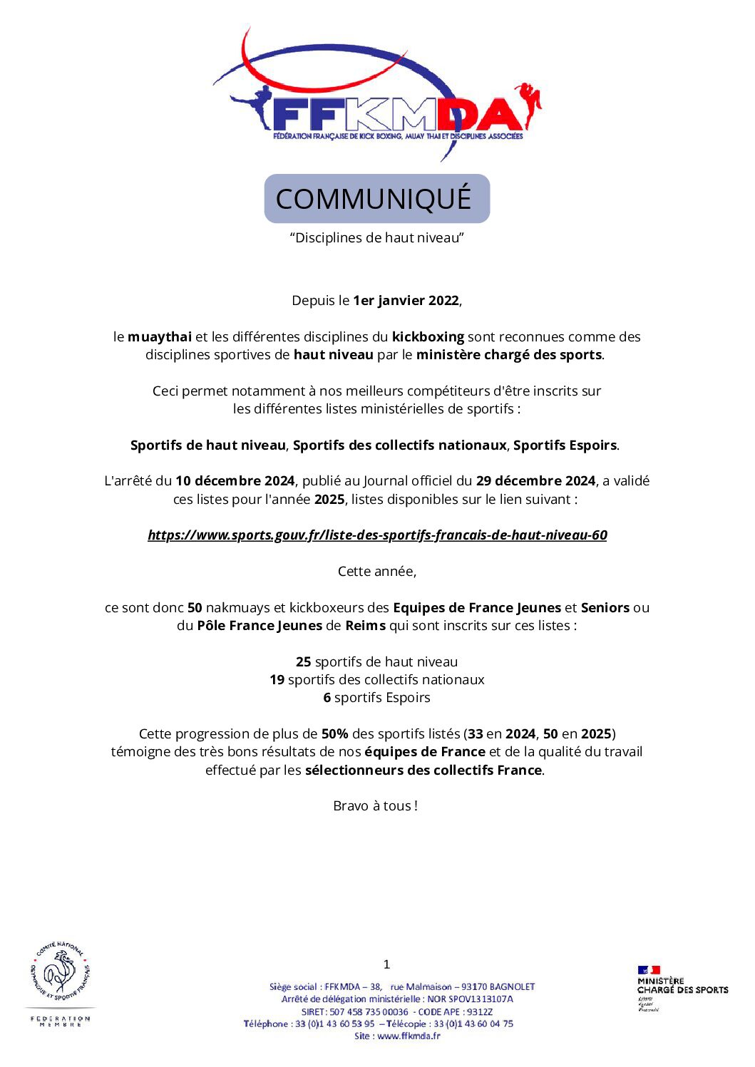 Communiqué : « Disciplines de Haut-Niveau »